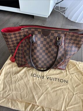 Louis Vuitton Brown Damier Caissa Tote MM with Red Trim